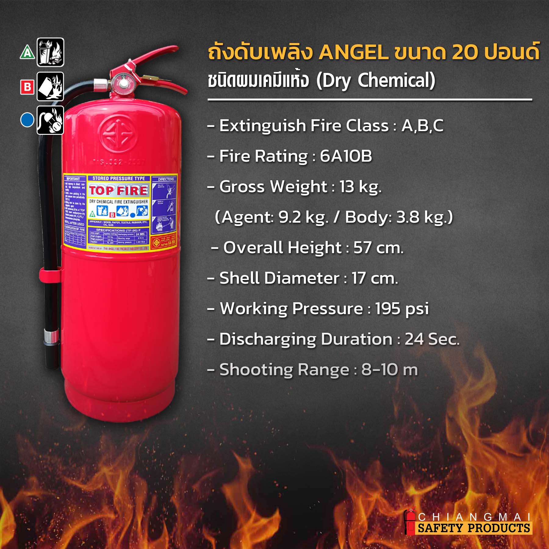 ถังดับเพลิง เชียงใหม่ ผงเคมีแห้ง Dry Chemical สีแดง Top Fire 20ปอนด์